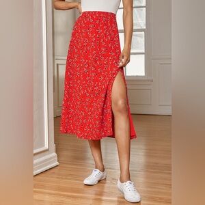 Lulus Bliss Me Red Floral Print Midi Skirt Size M
